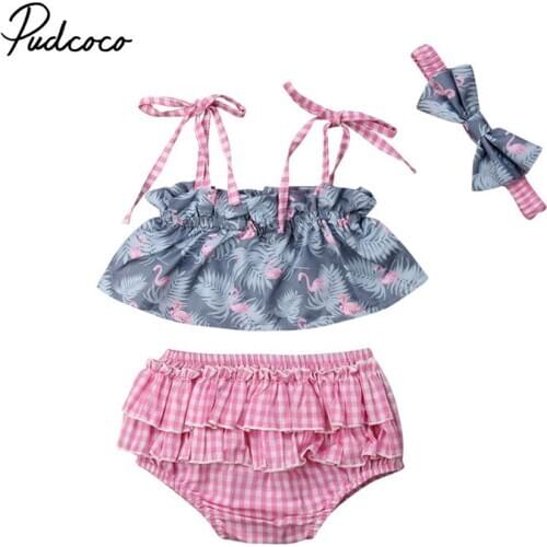 0-24M Toddler Baby Girls Clothes Baby Girls Printed T-shirt Tops+Plaid Shorts with Headband 3PCS Outfits Babys Sets