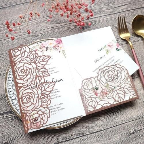 Pink Gold Glitter Personalized Print Pocket Wedding Invitation with RSVP, Multi Color DIY Invites for Marriage Business Party