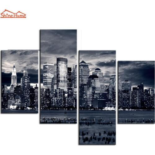 ShineHome-4pcs Wall Art Canvas Painting Printing Manhattan New York City Black Night Modular Art Picture Prints for Living Room