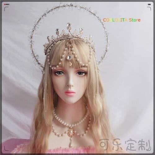 Sweet Lolita Crystal Love Handmade KC Pearl Headband Retro Deity Gorgeous Headwear Halo Angel Hanfu Hair Accessories Cosplay