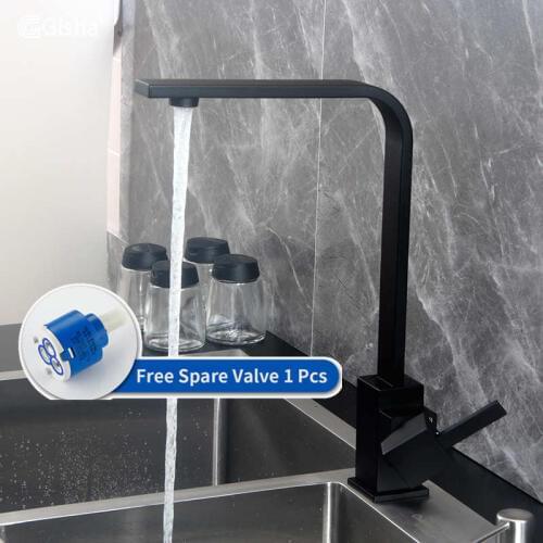 Gisha Black Square Kitchen Faucets 360 Degree Rotation cold and hot Water Mixer tap Solid Brass kitchen Sink Tap Torneira G2034