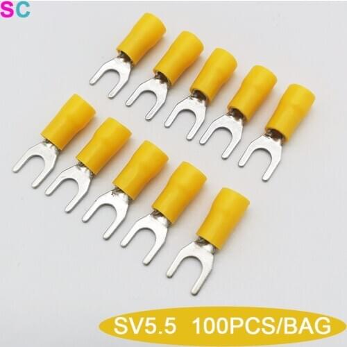 SV5.5 Type Yellow Fork Cable Connector 100Pcs/Pack Furcate Pre-insulated Spade Wire Pressed Electrical Crimped AWG12-10 Terminal
