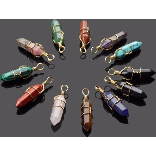Chakra Healing Jewelry Natural Stone Pendant Wire Wrap Hexagonal Bullet Amethysts Onxy Quartz Pink Crystal Pendulum for Necklace
