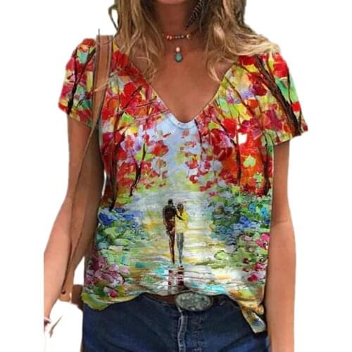 Women Romantic 3D Abstract Print T Shirt 2021 New Summer Oversized Lady Tops Casual Short Sleeve V-Neck Loose Tee Top Plus Size