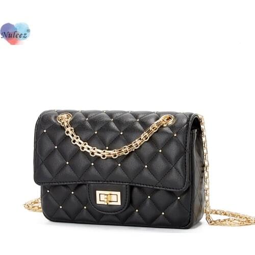 Nuleez genuine leather bag women golden chain flap shoulder bag cross body plaid rivet fashion lady