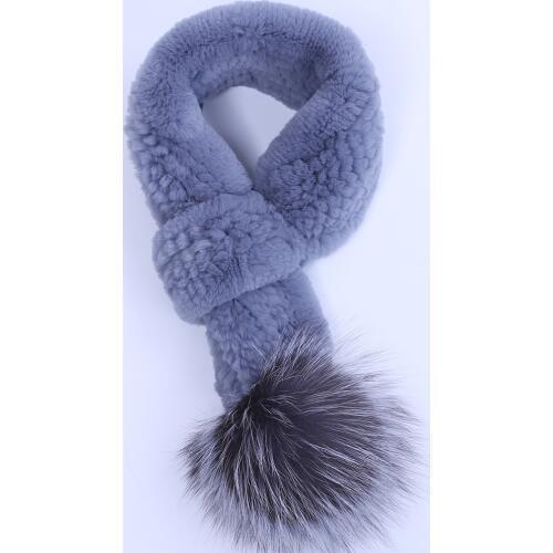 Womens Genuine Rex Rabbit Fur Scarf Knitted Fur Scarves Girls Natural Fur Wraps Neck Warmer Silver Fox Fur Pom Poms Neckerchief