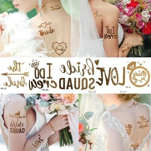 10pcs Valentines Day Bride Temporary Tattoos Fake Gold Bridesmaid Bachelorette Party Tattoo Tribe Love Arrow Tatoos Paste Decor