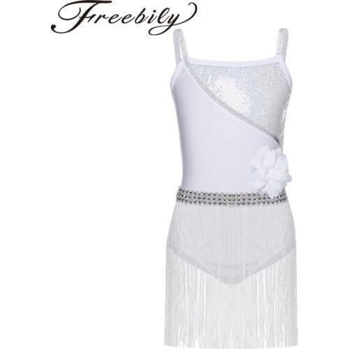 2018 Kids Girls Shiny Latin Leotard Dress Beautiful Dancewear Sequined Latin Rumba Salsa Tango Dance Leotards Dress with Tassels