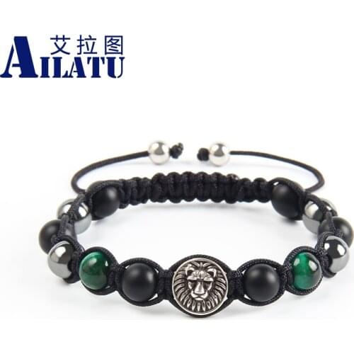Ailatu Fashion Men Lion Head Macrame Bracelets Natural Tiger Eye Matte Onyx Stone Adjustable Jewelry Top Quality