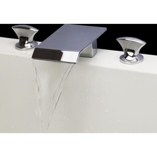 Free ship Modern Waterfall 3 Holes Widespread Bathroom lavatory Sink Faucet Tap in Chrome Finish deck mounted Square tap