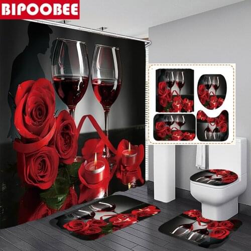 Wine Romantic Red Rose Shower Curtain Set Toilet Lid Cover and Bath Mat Valentines Day Bathroom Curtains with Hooks Home Decor