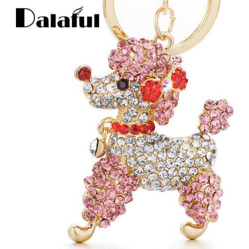 Dalaful Lovely Poodle Dog Bowknot Crystal Keychains Keyrings For Car Women Alloy Purse Bag Key Chain Ring Holder K307