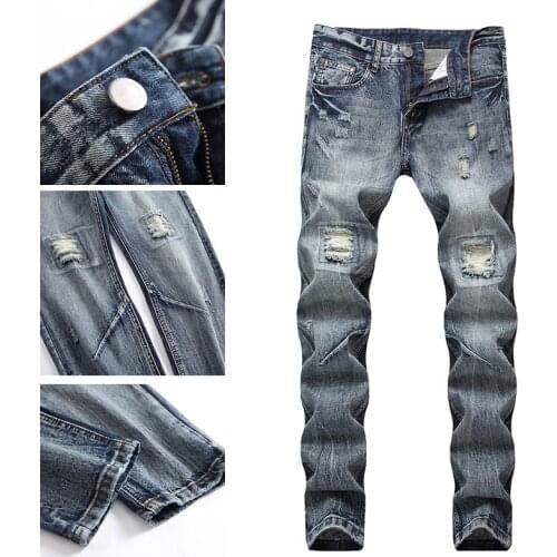 Spring and autumn ripped retro jeans mens nostalgic casual casual tide brand straight slim long pants wild tide