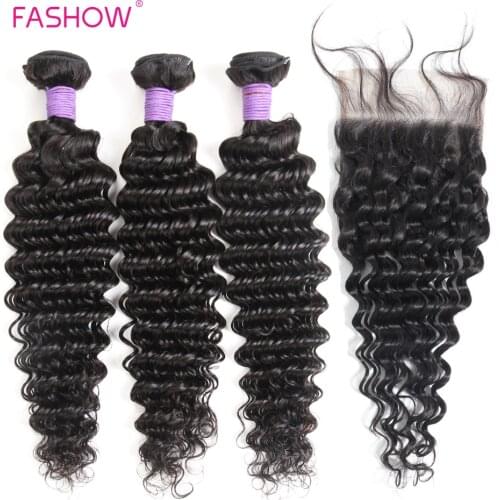 Fashow Mongolian Deep Wave 100% Natural Human Hair 3/4 Pieces Bundles With 4*4 Closure Frontal Swiss Lace Closure Remy Hair