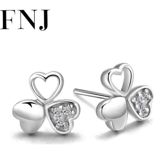 FNJ Clover Flower Earrings 925 Silver Jewelry Original Pure S925 Sterling Silver Stud Earring for Women Heart White Zircon