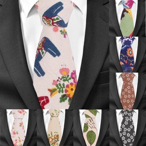 Fashion Floral Print Neckties For Men Formal Cotton Linen Slim Ties For Wedding 6cm Width Skinny Groom Neck Ties Cravat Tie