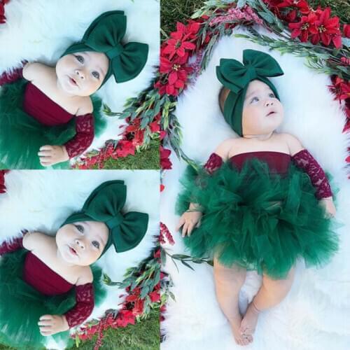 Newborn Infant Baby Girl Christmas Clothes Sets Off Shoulder Top+Lace Tutu Skirt Headband 3pcs Xmas Party Outfit
