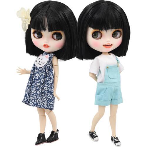 ICY DBS Blyth doll 1/6 bjd customized face white skin joint body short black hair, new matte face with teeth 30cm BL117