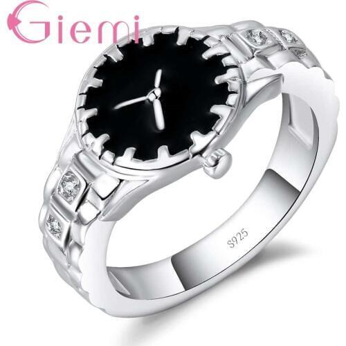 Cute Type White/Black Silver Watch Shape Ring 925 Sterling Silver Brand New Jewelry for Women Girls Lovely Gift