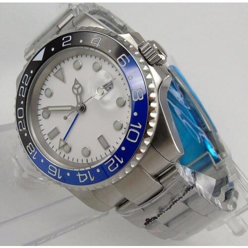 40MM Sterile White Dial Sapphire glass Date Blue Black Bezel Steel Bracelet GMT Automatic Movement Mens Watch