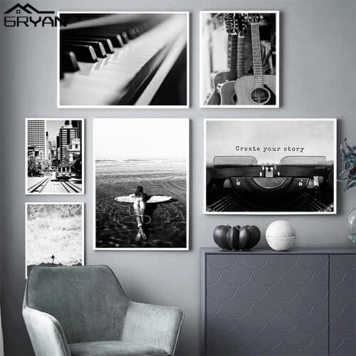 Black & White Guitar Piano Tape Wall Poster Girl Surfing in The Ocean Canvas Prints Painting Modern Artwork Picture Home Decor