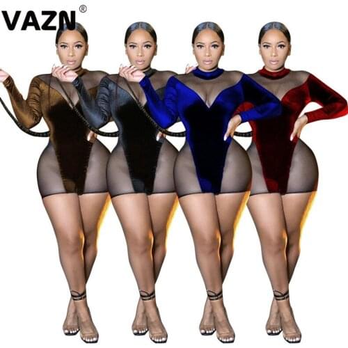 VAZN 2020 New Arrival Lace See Through Open Elegant Sexy Club Full Sleeve Women High Waist Skinny Playsuits