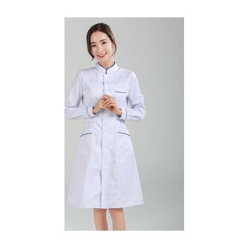 Nurses wear long-sleeved spring white coats are open stand-up collar pink female hospital pharmacy work clothes beauty clothes
