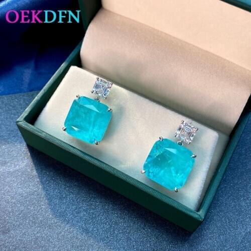 OEKDFN 100% 925 Sterling Silver Earrings Created Moissanite Diamonds Paraiba Tourmaline Gemstone Earrings Ear Studs Fine Jewelry