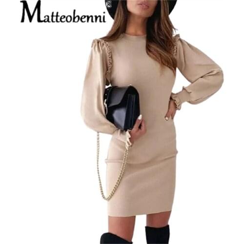 2021 Autumn Elegant Women Mini Dress Sexy Party Ruffle Long Sleeve Solid Color Dress A-Line Female Round Neck Casual Short Dress