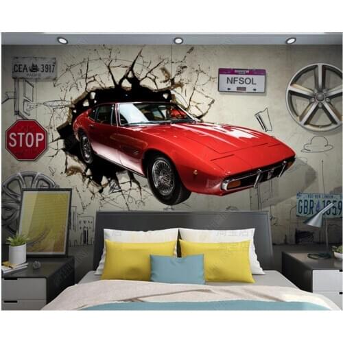 Custom mural 3d photo wallpaper Retro-style red car breaking through the wall decor living room wallpaper for wall 3 d in rolls