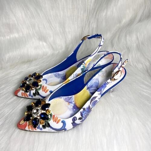 Rose Flower Printed Leather Women Shoes Pointed Toe High Heels Low Heels 6CM Party Prom Footwear Cute Crystal Shoes Woman