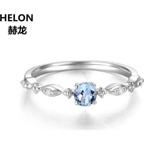 Trendy Solid 14k White Gold Natural Diamonds Engagement Ring for Women 4.5mm Round Cut Sky Blue Topaz Fine Jewelry Setting