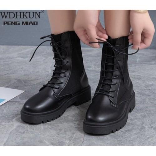 High Quality Boots Women Shoes Woman Boots Fashion Flat Round PU Boots Elastic Lace Black Boots Comfortable Boots