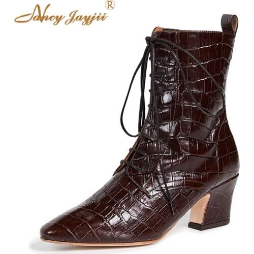 Brown Zelie Stone-effect Ladies Botas Woman Shoes Riding Boots Ankle Equestrian Autumn Velvet Hoof Heels Lace-up Plus Size 45 40