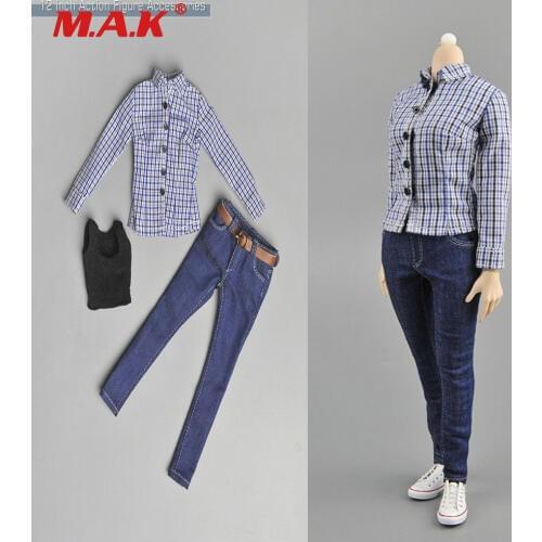 1/6 Scale Female Clothes Suit ZY5012 Womens Blue Plaid Shirt & Jeans & Vest Clothing Sets for 12 inches Action Figure Body