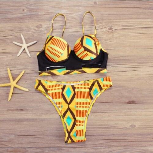 Woman Padded Bikini geometric totem Printed Underwire Hollow out Swimsuit S-XL 3Color 17033