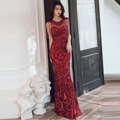 Red Floral Sequined & Crystal Beading O Neck Sleeveless Mermaid Cocktail Party Elegant Formal Long Dress Sexy Clubwear Dresses