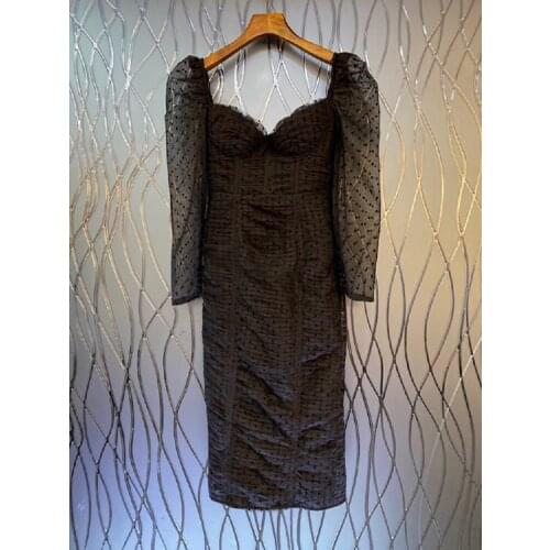 Bodycon Dress 2021 Autumn Party Sexy Women Sexy Square Collar Polka Dot Print Long Sleeve Pleated Dress Ladies Midi Club Dress