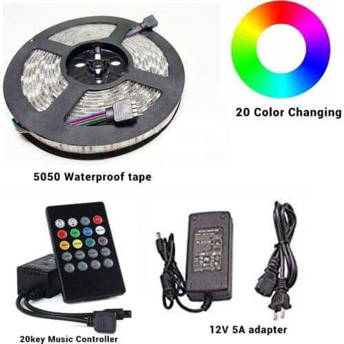12V 5A Power Supply 5M 5050 RGB LED Strip light 60 led/m IP68 Waterproof Flexible Diode Tape For Decorative lights Music Control
