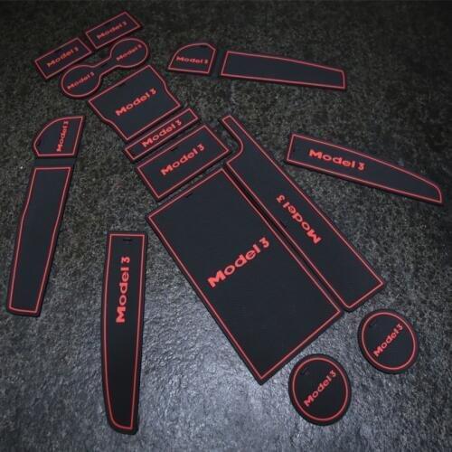 14PCS Car Gate Slot Pad Door Groove Mat Fit for Tesla Model 3 Black/Red/White Rubber Mat Center Console Cup Holder Accessoriess