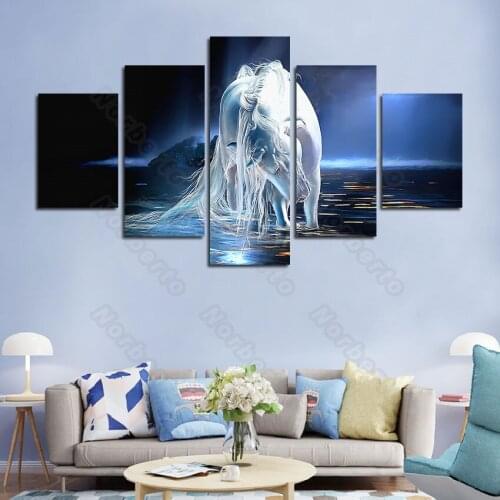 5 Pieces Hd Printed Canvas Painting Poster Print Beautiful White Horse In Dark Background for Home Rooms Gallery Wall Decoratio