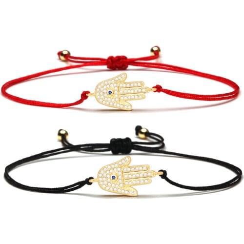 White Blue Cubic Zirconia Stones Hamsa Hand Charm Bracelet Women Evil Eye Fatima Red String Rope Braided Adjustable Jewelry Gift