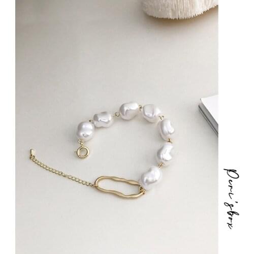 Perisbox Faux Large Rice Pearl Bracelet White Baroque Pearl Bracelet Layering with Circle Irregular Pearl Bracelets for Women
