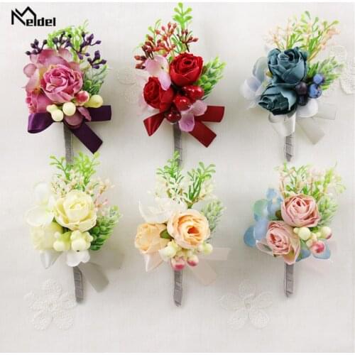 Meldel Boutonnieres for Groomsmen Silk Flowers Wedding Wrist Corsage for Bridesmaids Girl Bracelet Marriage Prom Brooch Pins