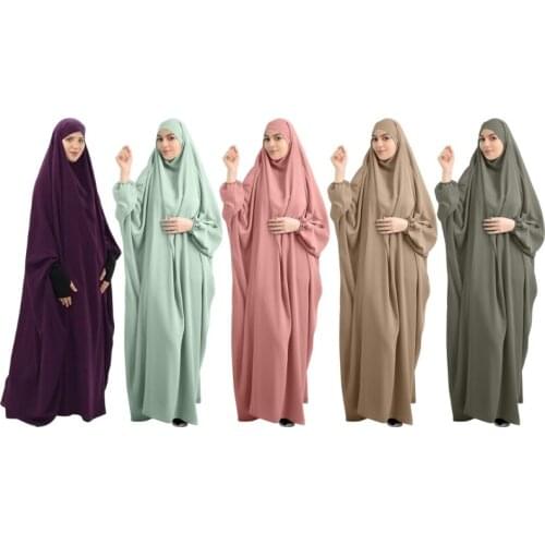 Women Muslim One-Piece Prayer Dress Full Cover Hooded Islamic Eid Jilbab Overhead Abaya Kaftan with Hijab Dubai Gown