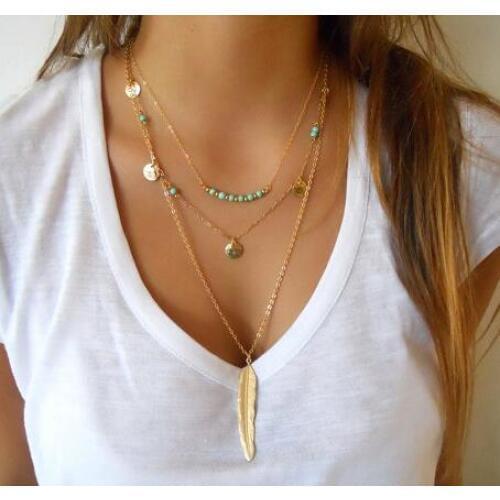 European jewelry simple blue stone handmade beaded sequins multi-layer feather leaves clavicle necklace Female charm jewelry