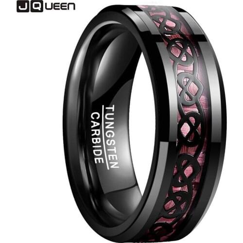 JQUEEN New Design 100% Tungsten Steel Ring Plating Black Heart Pattern Pink Carbon Fiber Tungsten Steel Ring Fine Jewelry