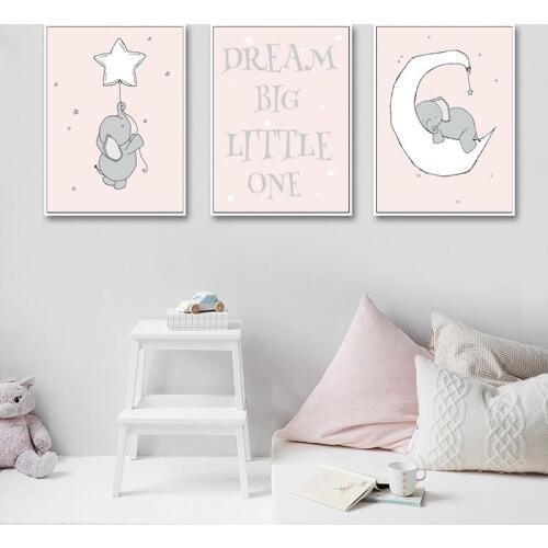 Pink Baby Nursery Elephant Wall Art Canvas Painting Dream Big Little One Nordic Posters Cartoon Wall Picture Girls Room Decor