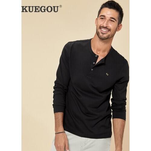 KUEGOU 2020 Autumn 100% Cotton Embroidery Button Plain T Shirt Men Tshirt Male T-shirt Long Sleeve Tee Shirt Plus Size Top 88011