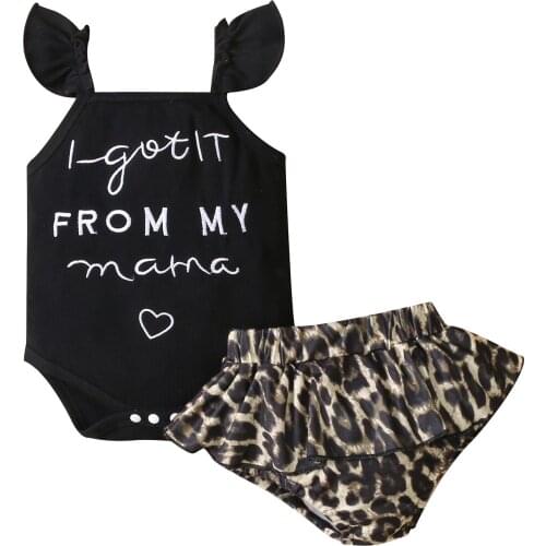Infant Baby Girls 2PCS Summer Outfit Fly Sleeve Letter Embroidery Bodysuit + Leopard Shorts Set